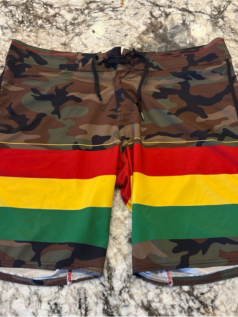 Billabong Men's Camo Swim Shorts with Red, Yellow & Green Stripes
